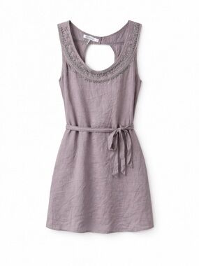 Monoreno Embroidered Boho Tunic Dress Taupe Gray Tie Waist Keyhole Back Size S
